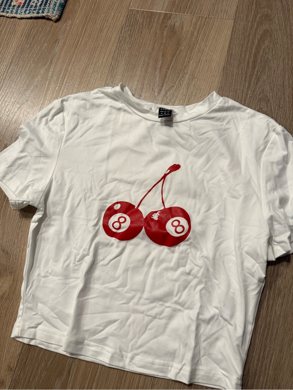 SHEIN White Short Sleeve Tee with Red Cherry Graphic